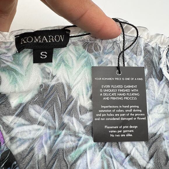 Komarov Sheer Pleated Long Sleeve Tiered Dress Watercolor Floral Green Black - Picture 3 of 8